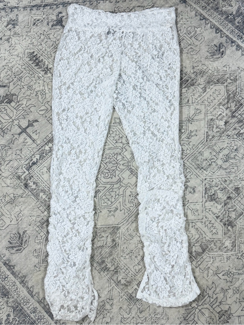 Rouge Collection White Ruched Lace Flare Pants 2X Sheer Beach Cover Up Boho - Picture 5 of 14
